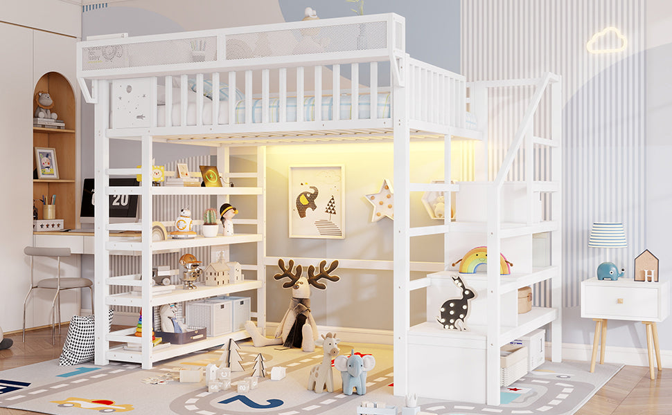 Full Loft Bed with 4 Shelf Storage Rack and Charging Station,Metal Full Loft Bed with Stairs Storage for Kids Teens, Patent Products,White(Old skuW2580S00075)