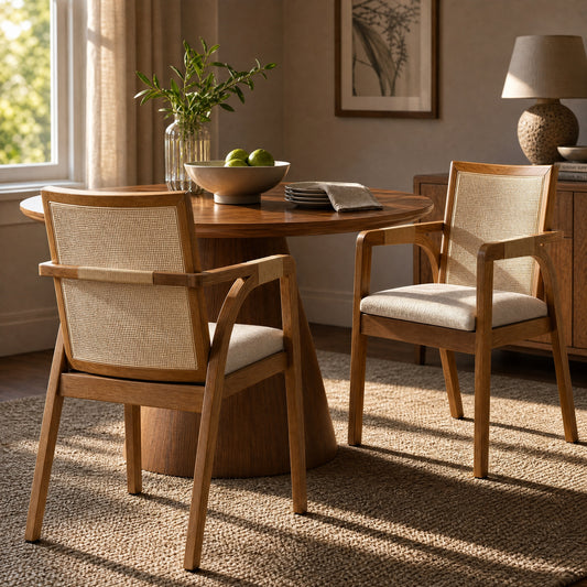 Dining Arm Chairs Set of 2, Rubber Wood Frame Dining Chairs with Textilene Back, PE Rattan Decor Armrest, Upholstered Fabric Cushion, Indoor Kitchen Dining Chairs, Walnut Frame with Beige Cushion