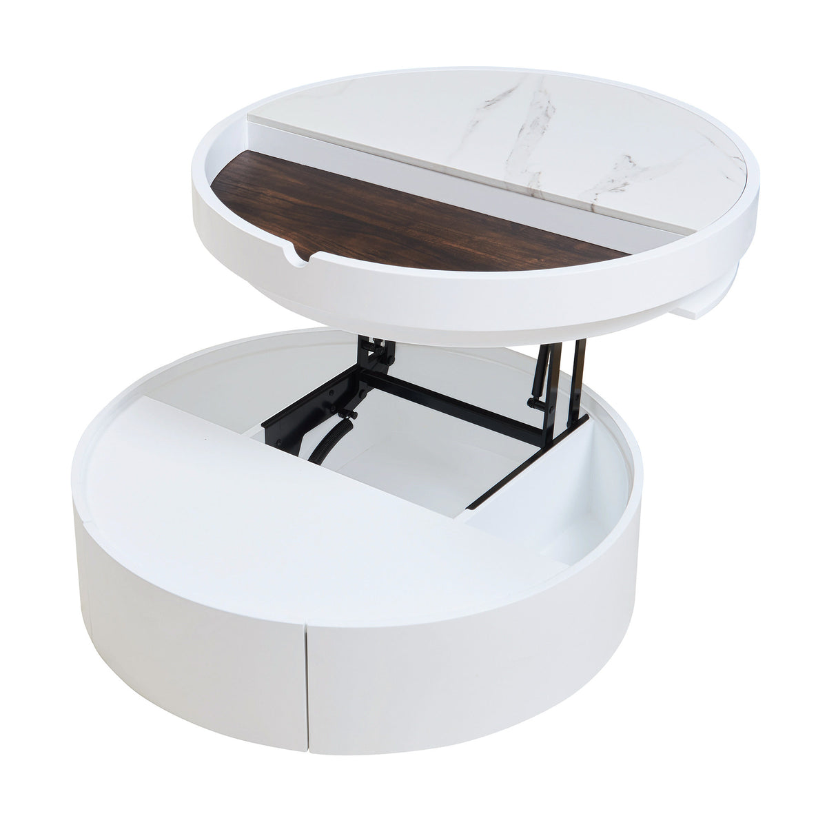 White Round Lift Coffee Table with 1 Drawer in 29.5', Marble Veneer and Wood Grain Tabletop