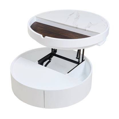 White Round Lift Coffee Table with 1 Drawer in 29.5', Marble Veneer and Wood Grain Tabletop