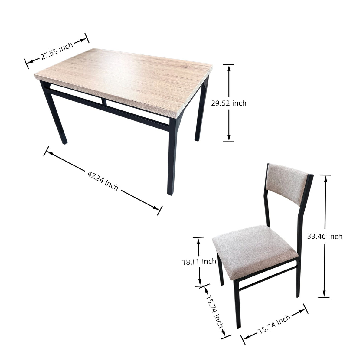 5-Piece Dining Table Set for 4, 47.24" Dining Table with 4 Upholstered Linen-Look Chairs, Black Metal Frames, Modern Kitchen & Dining Room Furniture