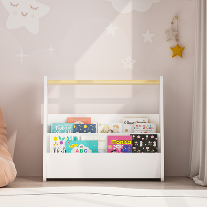 Kids Bookshelf with Wooden Handle, 2-Tier Front-Facing Toddler Bookcase, Portable Children's Book Storage Organizer, or Classroom, White