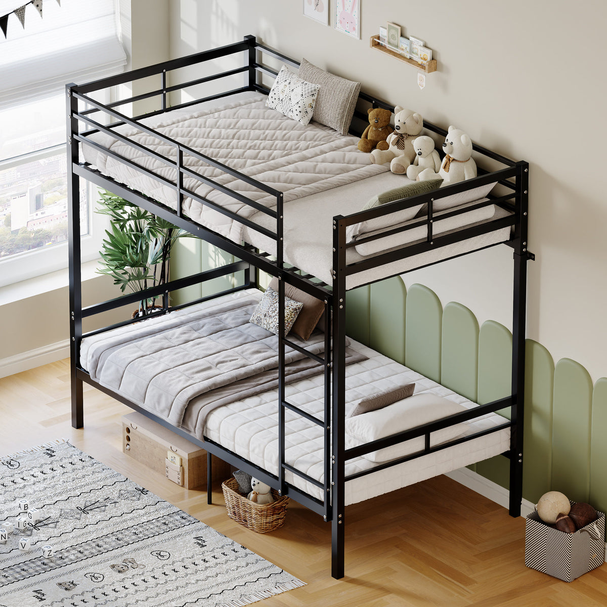 Metal bunk bed (single bed), suitable for children/teenagers/adults. 14.17-inch high guardrails. Single bunk with 19 crossbars and a weight capacity of over 400 lbs. Under-bed storage. Black.