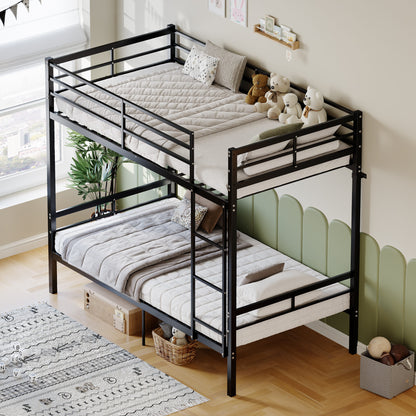 Metal bunk bed (single bed), suitable for children/teenagers/adults. 14.17-inch high guardrails. Single bunk with 19 crossbars and a weight capacity of over 400 lbs. Under-bed storage. Black.