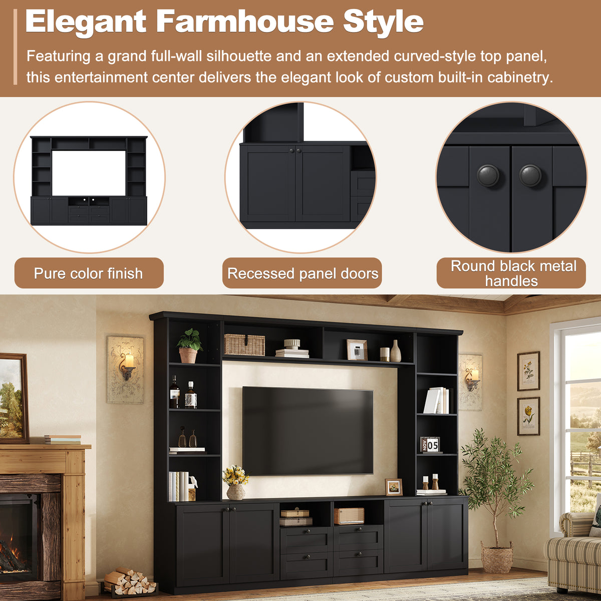 Farmhouse Elegant Entertainment Center Wall Unit with 4 Drawers, Modern Built in TV Stand with Bridge for TVs Up to 70", All-in-One Media Console with Adjustable Shelves for Living Room, Black