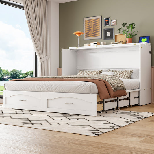 Queen Size Murphy Bed Wall Bed with drawer and a set of Sockets & USB Ports, Pulley Structure Design, White(OLD SKU: LP100671AAK-1)
