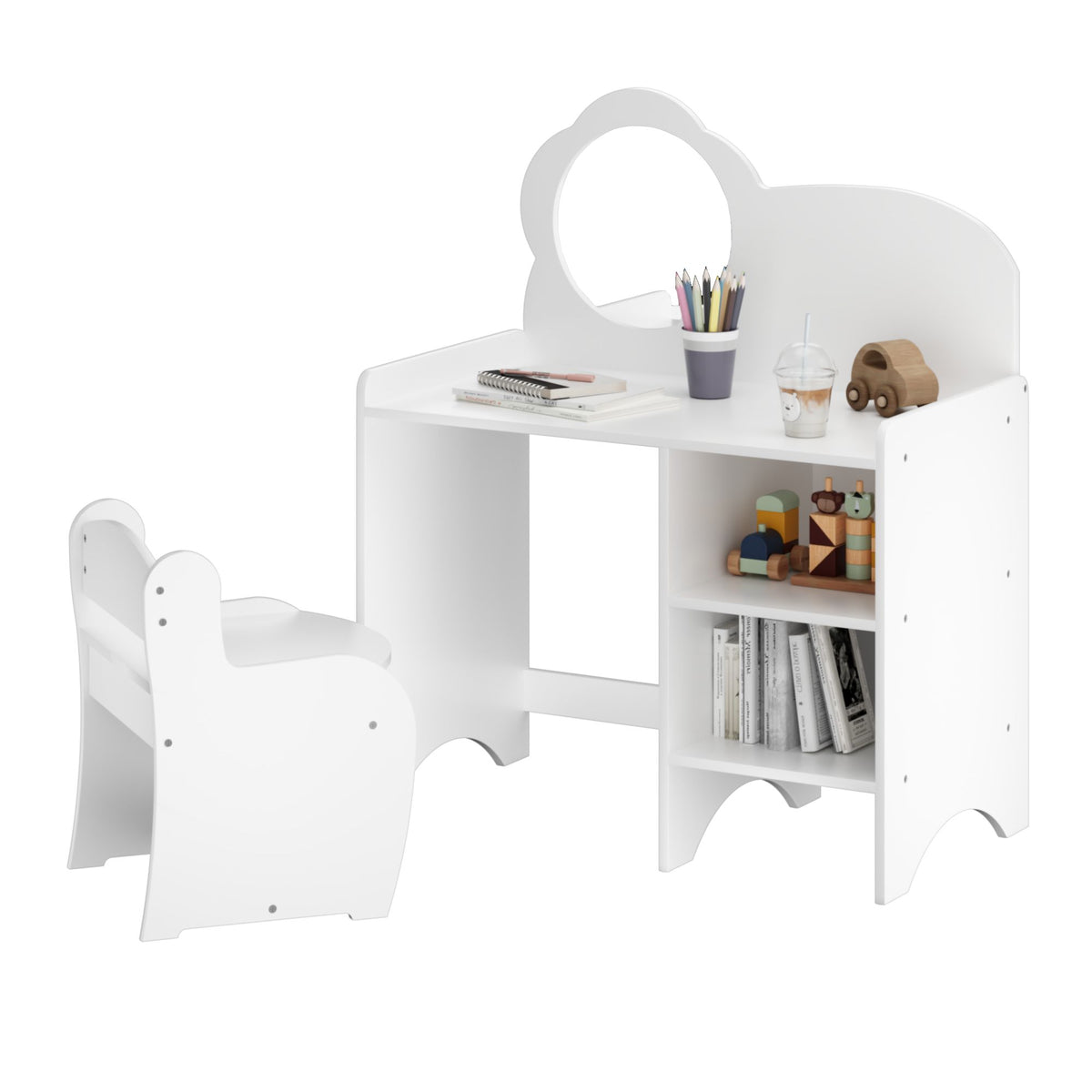 Kids Vanity Table with Mirror and Chair, Wooden Children's Dressing Makeup Desk with Storage Shelves