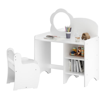 Kids Vanity Table with Mirror and Chair, Wooden Children's Dressing Makeup Desk with Storage Shelves