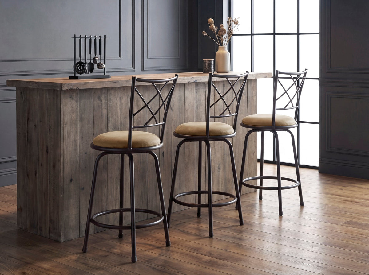 Set of 3 Convertible Chairs Swivel Counter Height, Pub Height Bar Stools Plush Rotating Seats Iron Frame Dark Brown Traditional Dining Furniture