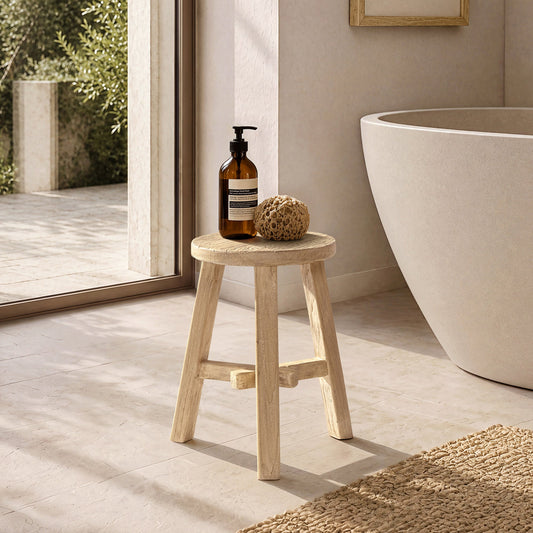 Linden 15.5" Round Elm Wood Stool, Light Natural Brown, Light Natural Brown Reclaimed Elm