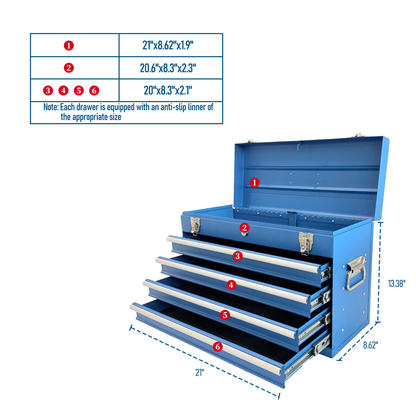 Heavy Duty Metal Tool Box, 21-inch, Portable Metal Tool Box with 4 Drawers, Small Tool Chest with EVA Liners – Blue