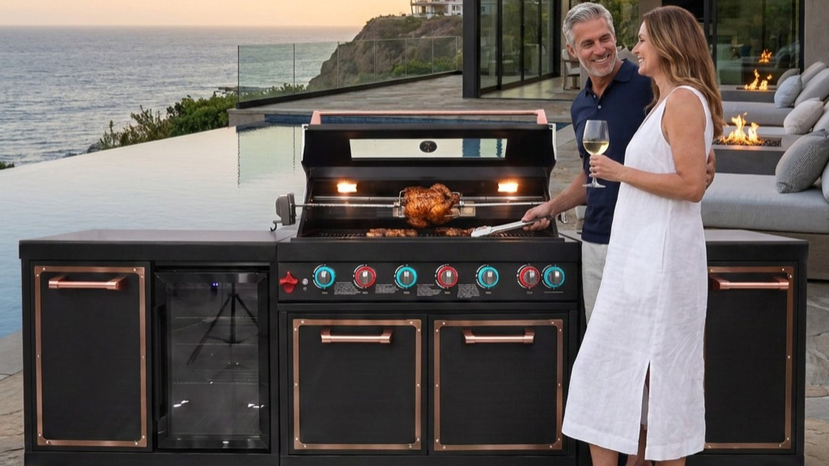 Luxury Black Titanium Outdoor Kitchen Island, 6-Burner 87,900 BTU Gas Grill with Infrared Rear Burner, 70L Refrigerator, Sink, Pull-Out Trash Bin, Rotisserie & Cover, Black/Rose Gold
