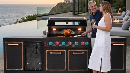 Luxury Black Titanium Outdoor Kitchen Island, 6-Burner 87,900 BTU Gas Grill with Infrared Rear Burner, 70L Refrigerator, Sink, Pull-Out Trash Bin, Rotisserie & Cover, Black/Rose Gold