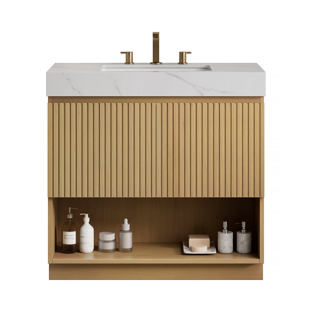 FINO 36" Bathroom Vanity&Sink,Freestanding Cabinet,Carrara White  Sintered Stone Top&Ceramic Basin with 3 Pre-drilled Faucet Holes, Disassembled, Faucet & Drain Excluded, Corolla Oak Woodgrain Color