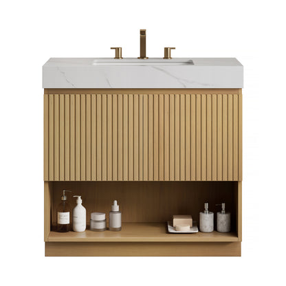 FINO 36" Bathroom Vanity&Sink,Freestanding Cabinet,Carrara White  Sintered Stone Top&Ceramic Basin with 3 Pre-drilled Faucet Holes, Disassembled, Faucet & Drain Excluded, Corolla Oak Woodgrain Color