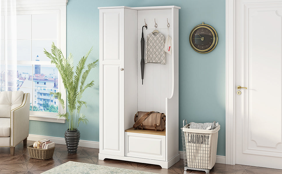 Stylish Design Hall Tree with Flip-Up Bench, Minimalist Hallway Shoe Cabinet with Adjustable Shelves, Multifunctional Furniture with Hanging Hooks for Entryways, Mudroom, White (OLD SKU: WF304223AAK)