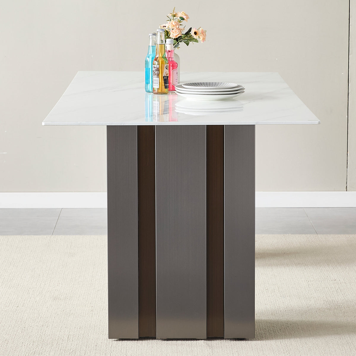 Modern Rectangular Dining Table, Tempered Glass with Marble Texture Top, Matte Gray Brushed Metal Legs, 4-6 Person Capacity, White Marble Finish, 69.30 Inch