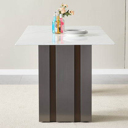 Modern Rectangular Dining Table, Tempered Glass with Marble Texture Top, Matte Gray Brushed Metal Legs, 4-6 Person Capacity, White Marble Finish, 69.30 Inch