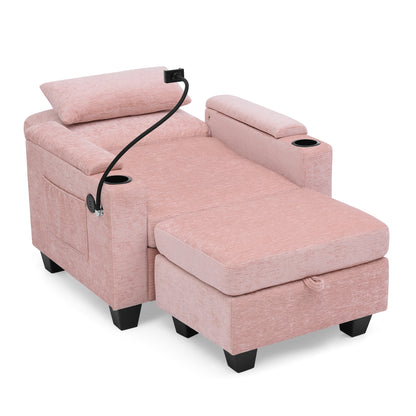 Single sofa recliner with manually adjustable backrest, USB charging port on the armrest side, phone stand included, hidden armrest storage, and a matching storage ottoman-Pink