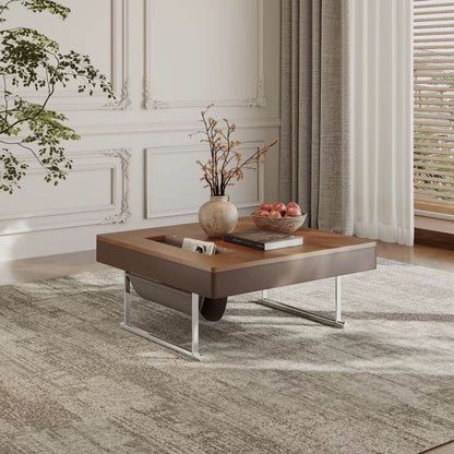 35.43" Square Walnut Coffee Table with Thickened Tabletop, Saddle Leather-Wrapped Edge and Polished Stainless Steel Base, Modern Cocktail Table for Living Room
