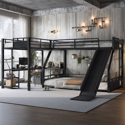 L-Shaped Metal Bunk Bed (Top bed: twin xl, bottom bed: queen) with Single Loft Bed, Desk, and Storage Shelves, USB Charging Port Included - Metal Triple Bunk Bed with Slide,B