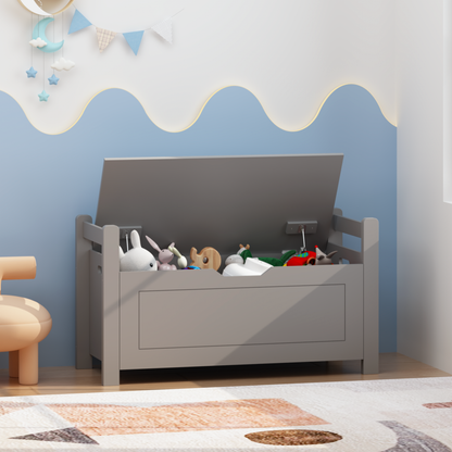 Kids Toy Box Chest for Boys Girls, Large Storage Cabinet with Cushion Seat Bench/ Flip-Top Lid/ Safety Hinge, Toy Storage Organizer Trunk for Nursery, Playroom (Gray)
