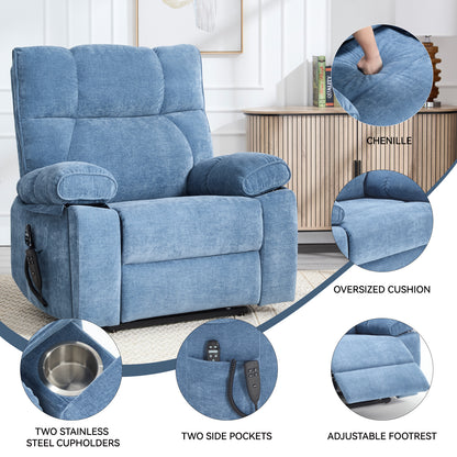 Blue Heat Massage Dual Motor Infinite Position Up to 350 LBS Large Electric Power Lift Recliners with Hidden Cup Holders, Power-Remote