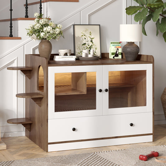 Cat Litter Box Enclosure, Hidden Cat Litter Box Furniture with Drawer and Stairs, Wooden Cat House Washroom for Bedroom,Cat Cabinet Side Table for Living Room, Brown and White