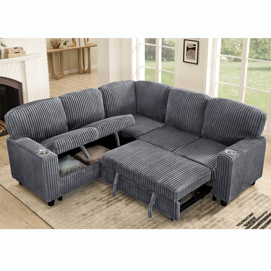 L-Shaped Sectional Sofa Bed with Pull-Out Bed & Storage, 5-Seat Sleeper Couch with USB Charging, Convertible Design, Corduroy Fabric, Grey