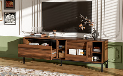 U-Can 70.8'' Modern TV Stand for TVs up to 75 Inches, Entertainment Center with Storage Space, Sliding Doors, Adjustable Shelves and Metal Frame, Mid Century Modern Media TV Console Table for Living R
