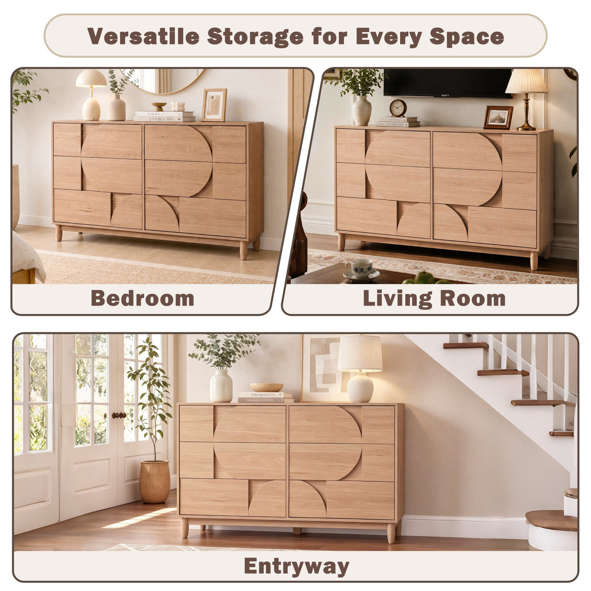 Mid Century 6-Drawer Dresser for Bedroom, 55" Wide Modern Chest of Drawers, TV Stand for Living Room, Solid Wood legs,Vanity Desk, Closet Storage, Drawers Organizer Furniture, Hallway,Light Oak