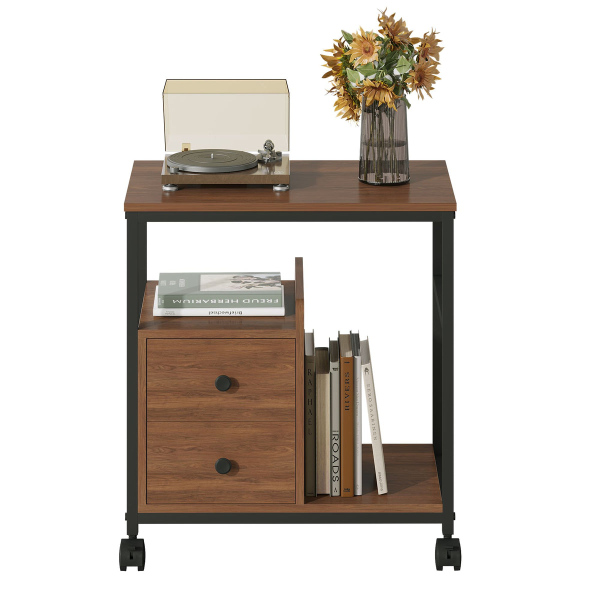 End Table with Wheels & Storage Drawers, Side Table,  Nightstand, Stable Metal Frame, Wood Top, for Bedroom Kitchen Living Room and Office, 14.9"D x 23.6"W x 25.7"H