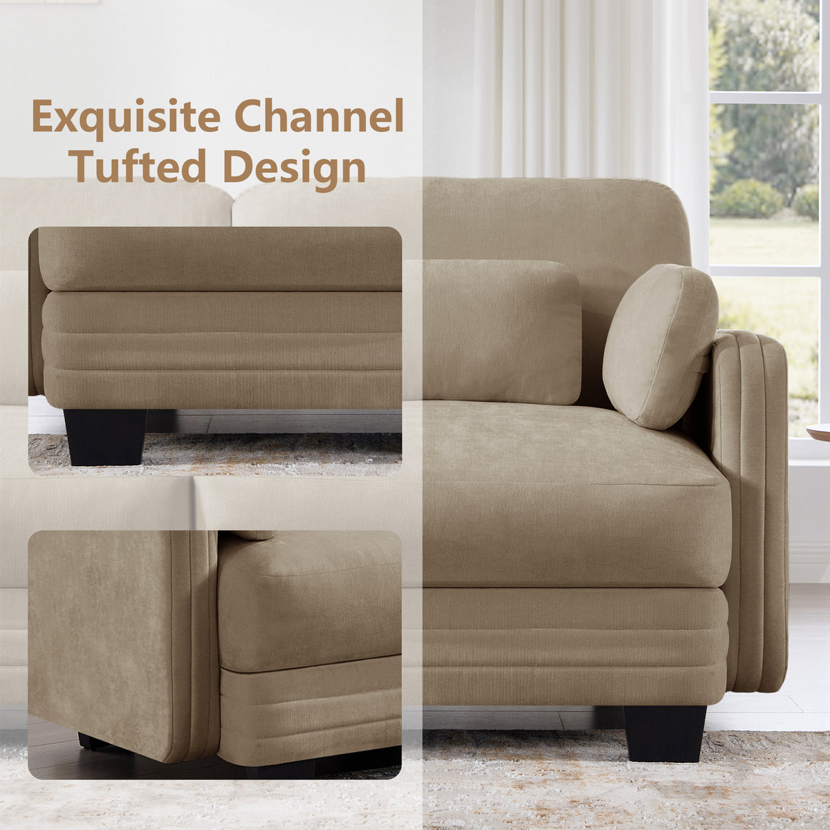 Channel Tufted Design Modern Minimalist Modular Sectional Loveseat Sofa, 2-Seater Couch with Thick Comfortable Seat Cushions, Suitable for Living Room, Bedroom and Apartment, Camel Chenille