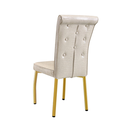 A set of 2 beige and gold vintage crocodile leather cushioned dining chairs, featuring crystal clasp design and artificial leather design, adding a touch of elegance and mystery to the dining area