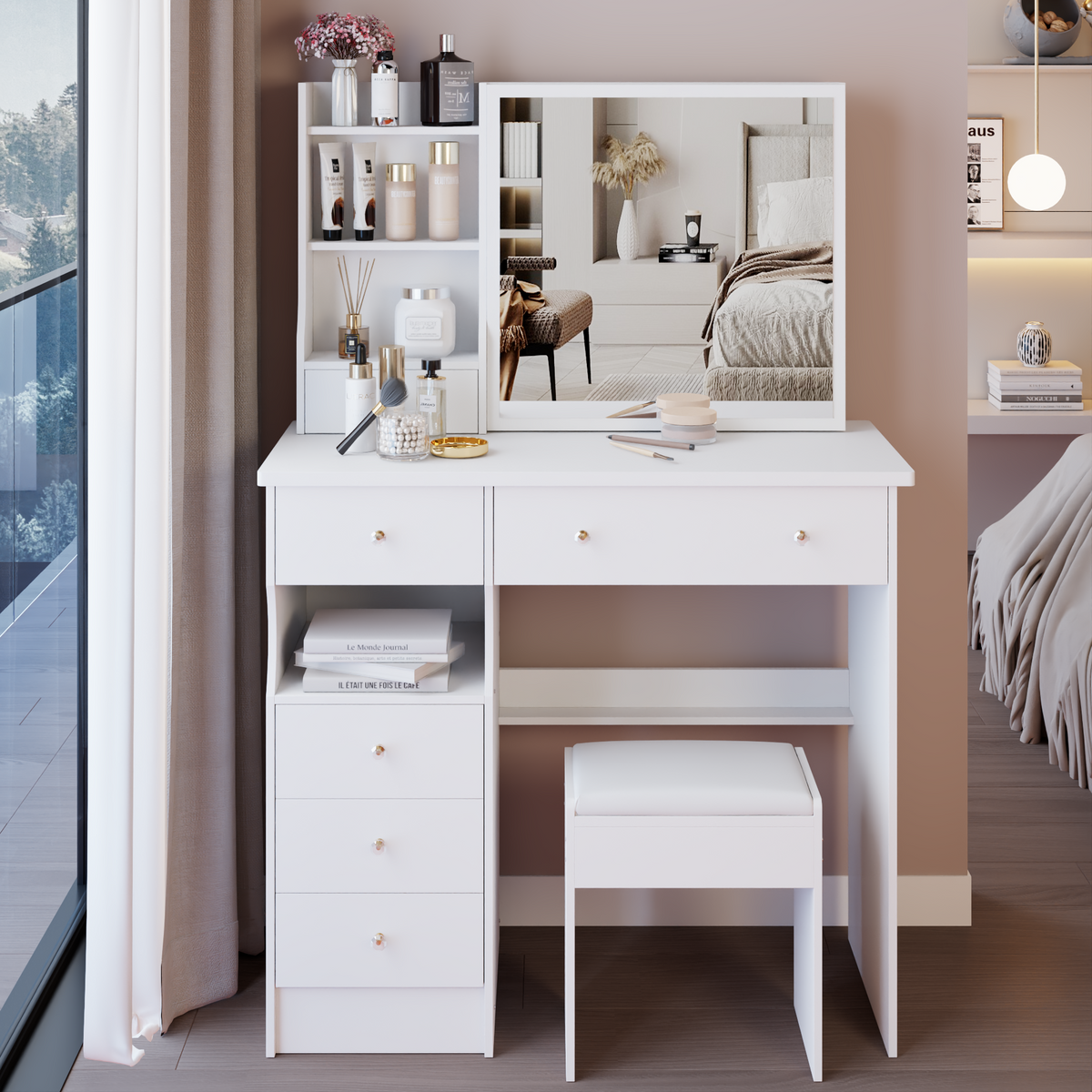 37" Left Drawer Desktop Makeup Vanity Table + Cushioned Stool, Extra Large Right Sliding Mirror, Multi Layer High Capacity Storage