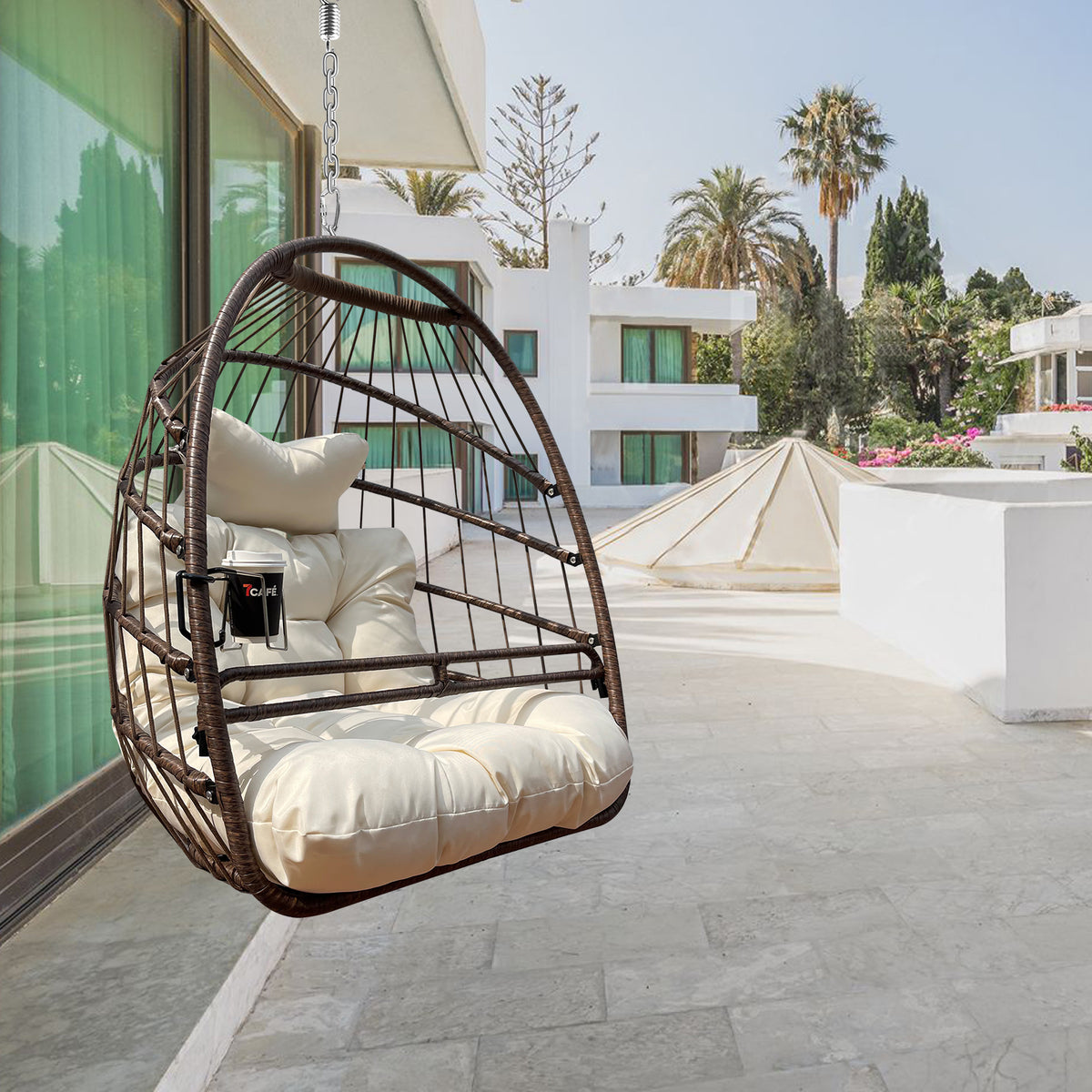W2707P184371 Khaki Hanging Swing Egg Chair, Indoor Outdoor Anti-Aging Resin Wicker Hammock Chair with Removable Guardrail, Cup Holder, UV Resistant Thick Cushion, Foldable Lounge Chair, 350lbs Capacit