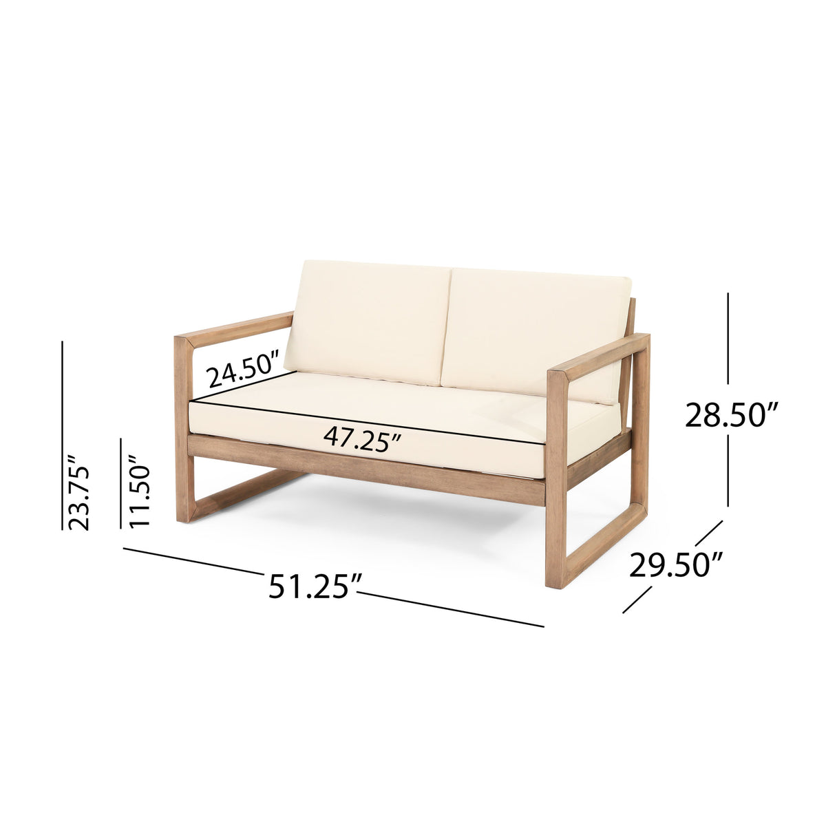 Outdoor Acacia Wood Loveseat and Coffee Table Set with Cushions, Brown Wash, Beige
