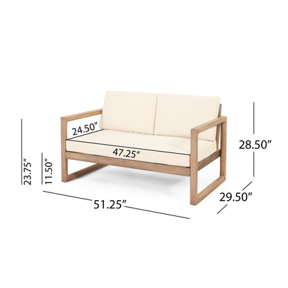 Outdoor Acacia Wood Loveseat and Coffee Table Set with Cushions, Brown Wash, Beige