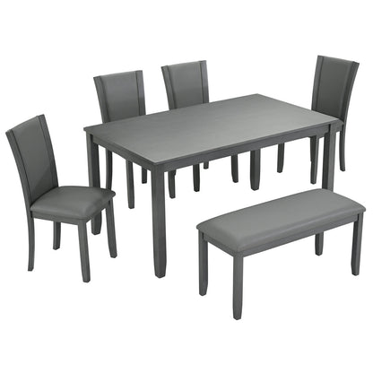 Modern 6-Piece Dining Table Set with Bench and Chairs for Dining Room or Kitchen – Grey