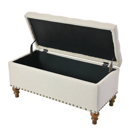 Ottoman storage bench, recessed support hinge top easy to open, rivet trim around, bedroom, entrance, living room, linen (Beige)