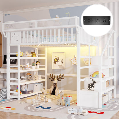 Full Loft Bed with 4 Shelf Storage Rack and Charging Station,Metal Full Loft Bed with Stairs Storage for Kids Teens, Patent Products,White(Old skuW2580S00075)