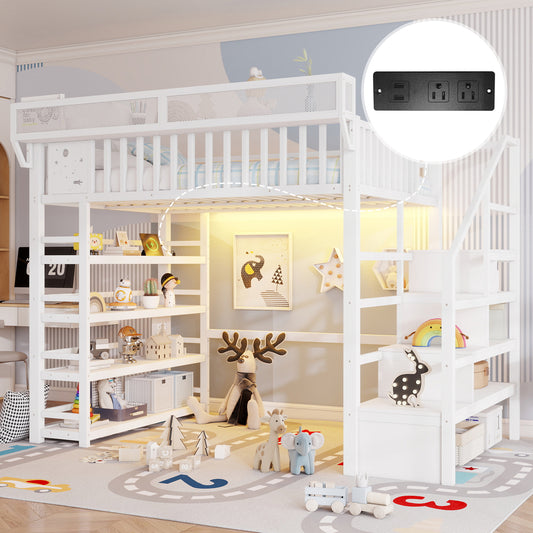 Full Loft Bed with 4 Shelf Storage Rack and Charging Station,Metal Full Loft Bed with Stairs Storage for Kids Teens, Patent Products,White(Old skuW2580S00075)