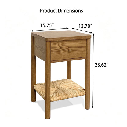 Walnut Ainsley Nightstand Side End Table with Rounded Edge Tabletop, Solid Wood Round Legs, Woven Jute Storage Shelf & Drawer, for Bedroom Living Room