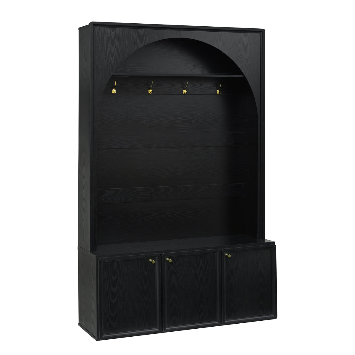 ON-TREND Farmhouse All-in-One Hall Tree with Adjustable Shelves, Retro Arched Entryway Storage Bench with 3 Cabinets – Black