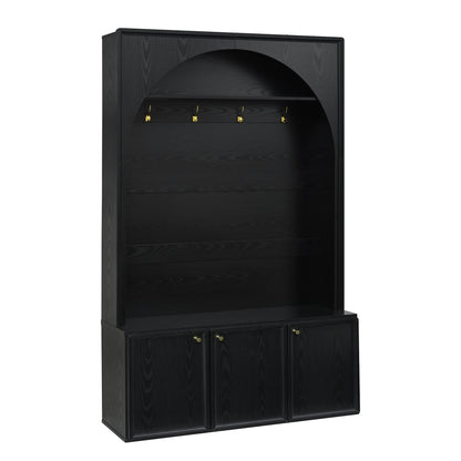 ON-TREND Farmhouse All-in-One Hall Tree with Adjustable Shelves, Retro Arched Entryway Storage Bench with 3 Cabinets – Black