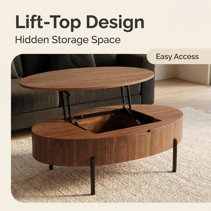 43.3-inch height-adjustable coffee table with solid wood veneer; modern-style coffee table with storage and adjustable height, suitable for living rooms, bedrooms, flats or offices; walnut colour