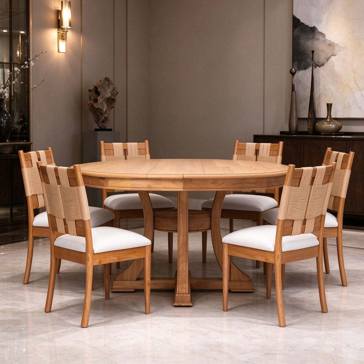 Natural Wood Round Extendable Dining Table Set of 7, 6pcs Rope Woven Back Dining Chairs with Upholstered seats, Natural Oak Finish Dinner Table Set for Kitchen Dining Room