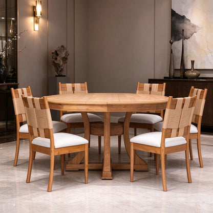Natural Wood Round Extendable Dining Table Set of 7, 6pcs Rope Woven Back Dining Chairs with Upholstered seats, Natural Oak Finish Dinner Table Set for Kitchen Dining Room