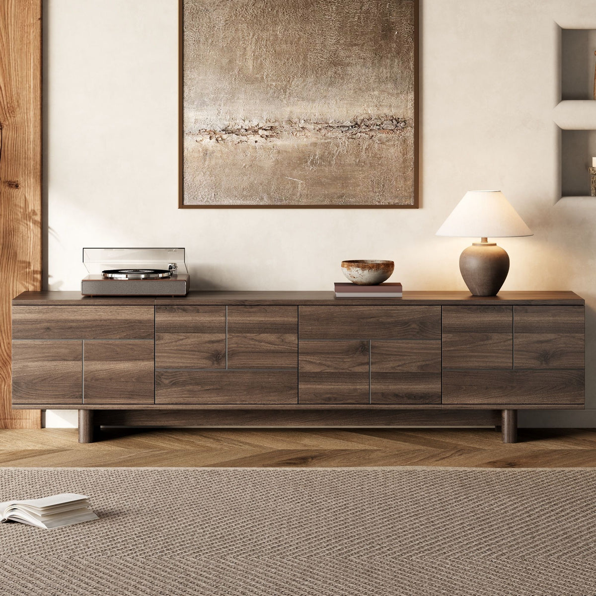 78 inch Modern TV Stand for TVs up to 85 inches, Entertainment Center with Solid Wood Legs, Cable Management, Push-Openers