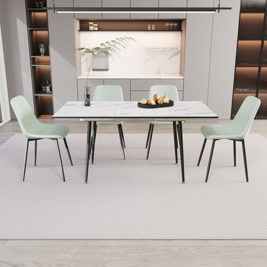 47'-63' extendable MDF modern dining table and chair set, suitable for 2-6 people, white dining table and modern light green dining chair 4-piece set, metal base and linen chair